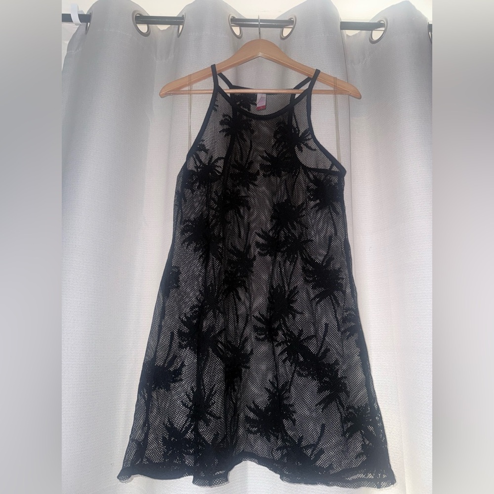 $11 Size M Black See Through Palm Tree Print Bikini Cover Summer Dress | NWOT